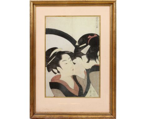 JAPANESE WOODBLOCK PRINT, H 14 1/2", W 9 3/4", GEISHA IN MIRRORMatted and framed under glass. From the estate of Barbara K. W