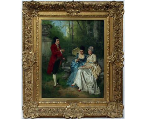 HERMANN PHILIPS [GERMAN 1844-1927] OIL ON CANVAS, H 30", W 24"Courting scene with a gentleman handing a flower to ladies seat