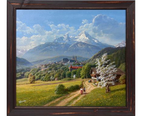 WOLFGANG HEINZ (GERMAN, 1930-2006), OIL ON CANVAS, H 28", W 32", MOUNTAIN VILLAGESigned lower left and framed.As viewed under