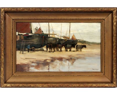 CHARLES PAUL GRUPPE (AMERICAN 1860-1940), OIL ON CANVAS, H 10", W 16", "HIGH & DRY- DUTCH FISHING FLEET"10" x 16 1/2"; signed