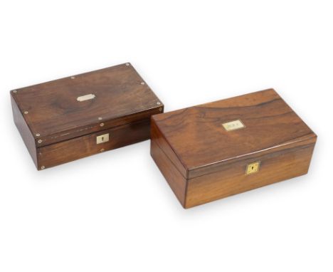 Two Victorian rosewood writing slopes, one with mother of pearl and pewter strung embellishments, the other with a mother of 