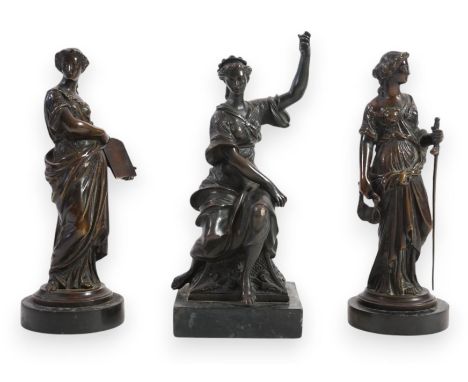 Manner of Henri Louis Levasseur (French, 1853-1934), a pair of bronze allegorical figures each modelled as classical muses an