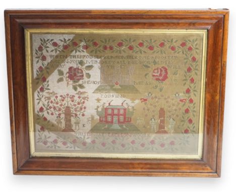 A large Victorian needlework sampler, by Mary Jackson, with house, Adam and Eve, palace and flowers, an inscription 'When thi