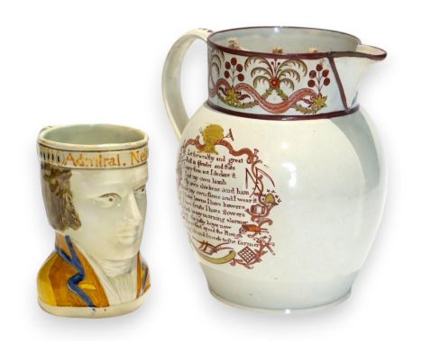 A Staffordshire Prattware Admiral Nelson mug, c.1800, 11.5cm and a pearlware jug, c.1810, with 'Trust in God the husbandman's