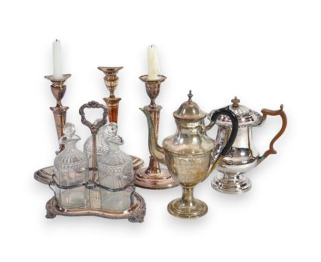 An Old Sheffield plate coffee pot with wooden handle, 25cm high, a pair of candlesticks, 29cm, a similar single candlestick, 