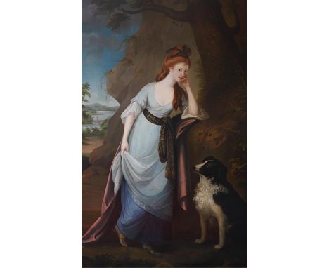Circle of Anne Forbes (English, 1745-1834) Portrait of a lady, full length, in a white dress, with a dog in a landscapeoil on