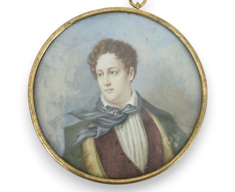 G. Sanders Portrait miniature of Lord Byrongouache on parchmentsignedtondo, 10.5cm  Perhaps a little faded with scattered dir
