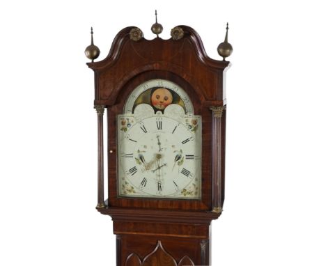 J. Pattison of Halifax, a Regency inlaid mahogany eight day longcase clock, the 35.5cm arched painted dial with naval ship / 