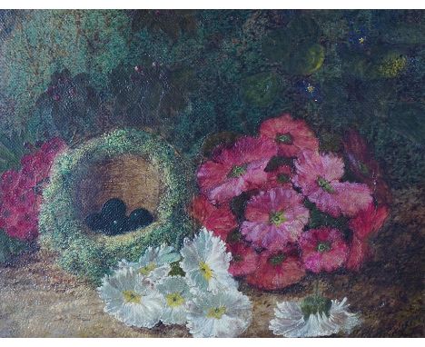 Oliver Clare (English, 1853-1927) Still life with bird’s nest and blossomsoil on canvassigned20 x 25cm  Oil on original canva