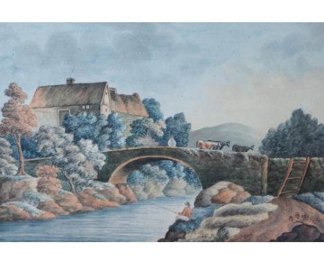 19th century English School Landscape with cattle drover on a bridge and anglerwatercolour22 x 31cm  Perhaps a little faded, 