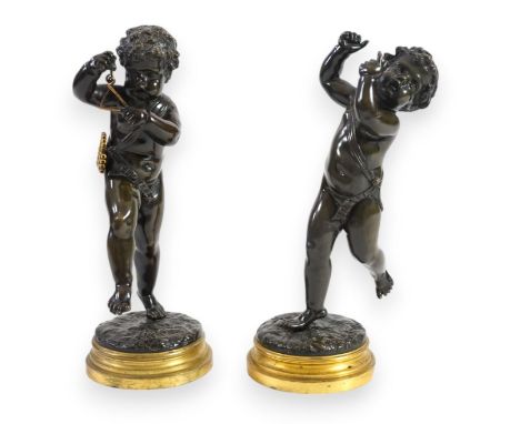 After Claude Michel Clodion (French, 1738-1814), a pair of late 19th century bronze figures of musical putti, one standing pl