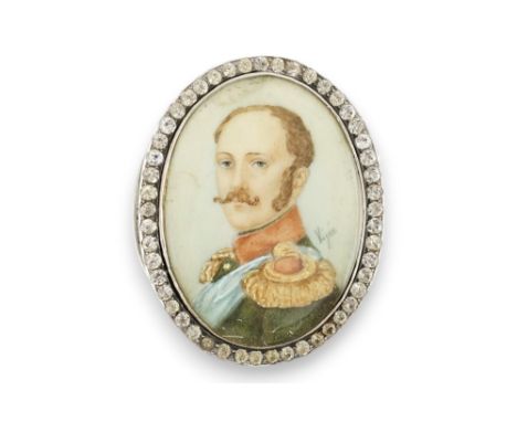 An early 20th century white metal oval snuff box, the hinged cover with inset portrait miniature of a Emperor Nicholas I to d