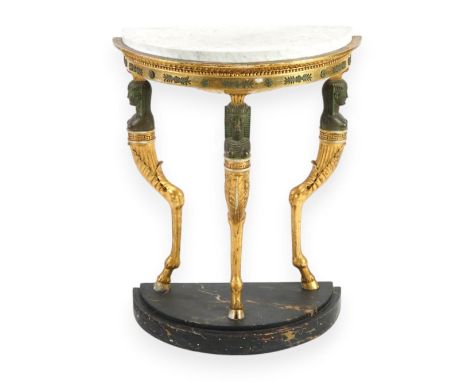 A Regency bronzed and giltwood demi-lune console table, in the manner of Thomas Hope, with later veined white marble inset to