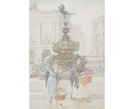 Walter Duncan (British, 1848-1942) Flower sellers by the Eros statue in Piccadilly Circuspencil and watercoloursigned and dat