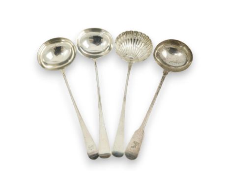 Three George III silver Old English pattern soup ladles, London, 1802, 1805 and 1808, various makers, together with a George 