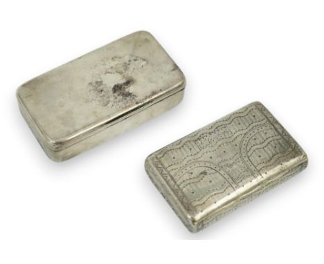 A George III silver snuff box, maker's mark rubbed, London, 1807, 74mm, together with an early 19th century Russian 84 zolotn