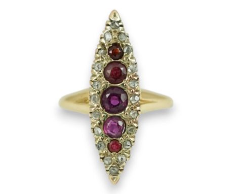 A late Victorian 18ct gold, ruby? and diamond marquise cluster set ring, size L, gross weight 3.5 grams.  Two of the stones h