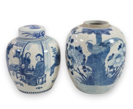 Two Chinese blue and white ovoid jars, one with associated cover, 19th century, the first decorated with figures seated besid