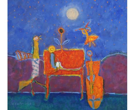 Arthur Easton (British, b.1939) ‘Discussion with Fairies and Friends’impasto oil on boardsigned and dated 199855 x 60cm  Good