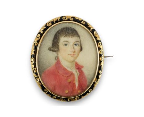 A 19th century yellow metal and black enamel mounted oval portrait miniature of a young gentleman, 42mm.  Subject a little fa