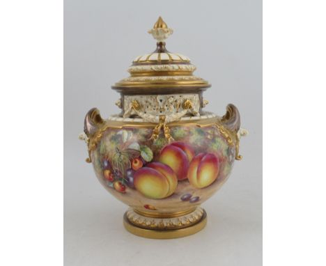 A Royal Worcester covered vase or bow piece, decorated all round with fruit by Freeman, shape number 1428 s/s, height 12.5ins