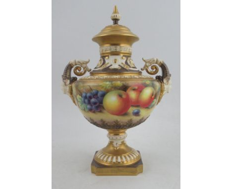 A Royal Worcester vase and cover, decorated half round with fruit by J Smith, shape number 1572, height 10.5ins&nbsp;Conditio