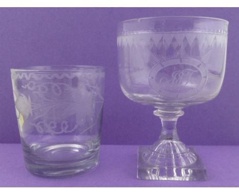 An Antique drinking glass, with etched decoration, on a square lemon squeezer base, together with a glass tumbler with etched