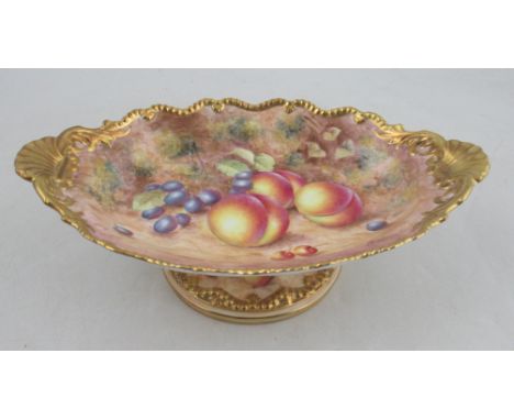 A Royal Worcester oval tazza, decorated with fruit by Freeman, diameter 12insCondition Report:  Crack through foot