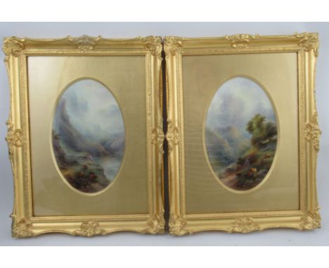 A pair of Royal Worcester oval plaques, decorated with Highland landscapes with cattle and figures, signed John Stinton, titl