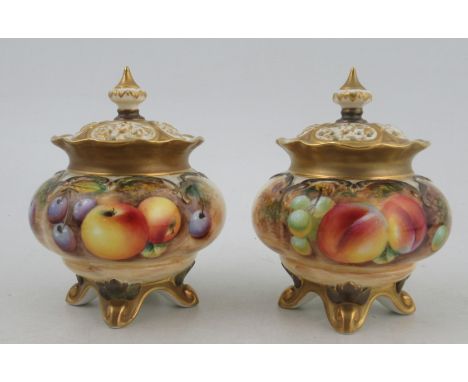 A pair of Royal Worcester vases, decorated half round with fruit by Roberts, shape No.H261, height 4.5insCondition Report:  G