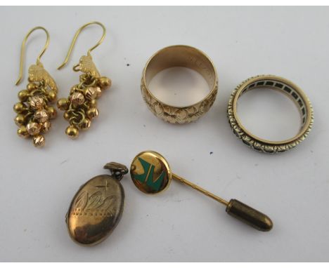 A pair of yellow gold loop earrings, in the style of bunches of grapes, together with a 9ct gold band, 9ct tie pin, Eternity 
