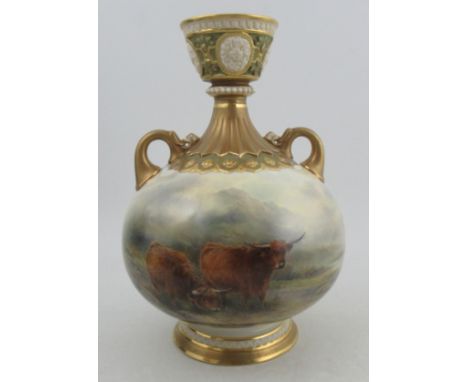 A large Royal Worcester vase, decorated with Highland cattle, signed John Stinton, shaped number 1109, height 12insCondition 