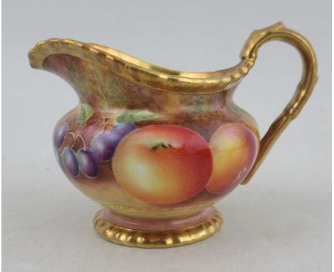 A Royal Worcester milk jug, with gadroon border decorated with fruit by Leaman, height 4.5insCondition Report:  Good conditio