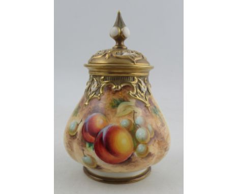 A Royal Worcester covered pot pourri vase, decorated half round with fruit to a mossy background by Roberts, shape No. H291B,
