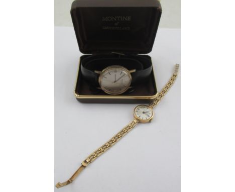 A yellow metal Bertinex gents watch, with leather strap, and a 9ct gold cased Bertinex ladies watch, with 9ct gate bracelet s