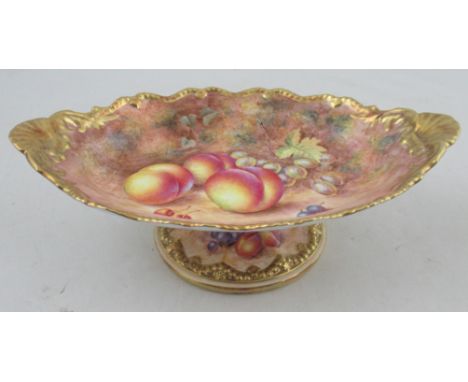 A Royal Worcester shaped oval tazza, decorated with fruit to a mossy background by Freeman, width 12ins, width 3.75insConditi