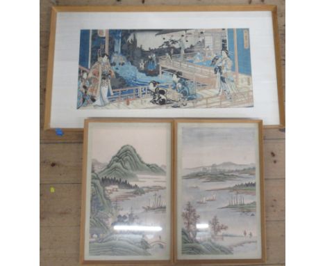 A Japanese print, figures on a balcony, 14ins x 29.5ins, together with two other Japanese prints