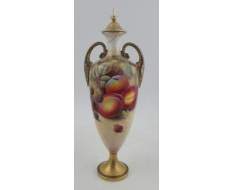A Royal Worcester covered pedestal vase, painted half round with fruit to a mossy background by J Smith, shape No. 2710, af, 