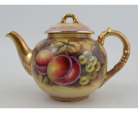 A Royal Worcester tea pot and cover, decorated all round with fruit by J Smith, height 6insCondition Report:  Good condition,