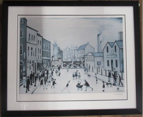 Laurence Stephen Lowry, print, Level Crossing Burton on Trent, with the Blind Stamp of the Fine Art Guild published in 1973&n