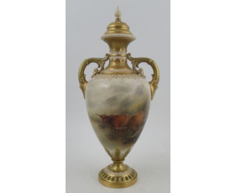 A Royal Worcester two handled covered vase, decorated with Highland cattle, signed John Stinton, shape number G998, height 13