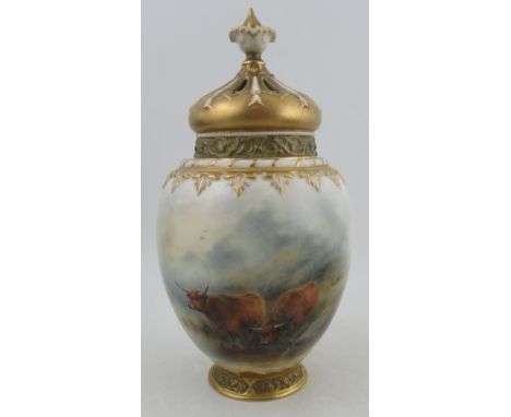 A Royal Worcester crown topped pot pourri, with inner cover, decorated with Highland cattle, by Stinton, shape number 2048, h