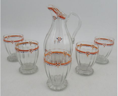 A French Art Deco enameled glass lemonade set, by Marcel Goupy comprising a jug and five glasses, signed M Goupy to base of j