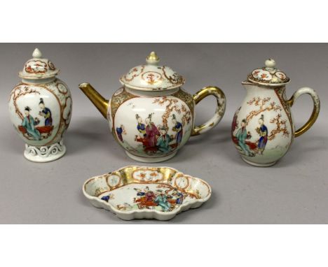 An 18TH CENTURY CHINESE QIANLONG PERIOD FAMILLE ROSE MANDARIN PORCELAIN PART TEA SET, comprising a teapot and cover, a milk j