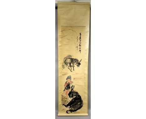 ANOTHER CHINESE HANGING SCROLL PICTURE, within a silk surround, the picture decorated with calligraphy, artist's seals and a 