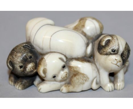 A GOOD QUALITY EARLY 20TH CENTURY JAPANESE CARVED IVORY NETSUKE OF A GROUP OF PUPS, their fur naturalistically engraved and s