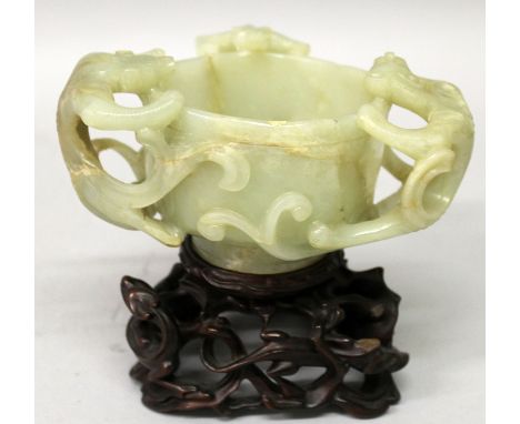 A GOOD CHINESE THREE-HANDLED CELADON JADE LIBATION CUP, possibly 17th/18th Century, together with a good quality carved and p