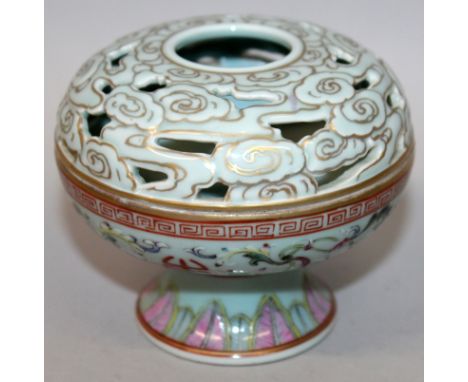 A CHINESE TURQUOISE GROUND FAMILLE ROSE PORCELAIN CENSER, of circular section, the sides with foliage and Shou symbols, the p