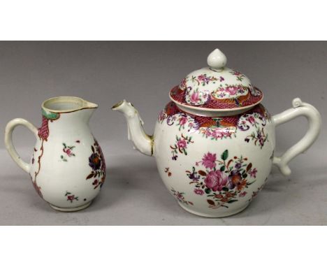 AN 18TH CENTURY CHINESE EXPORT QIANLONG PERIOD FAMILLE ROSE PORCELAIN TEAPOT & COVER, painted in mainly in puce enamelling wi