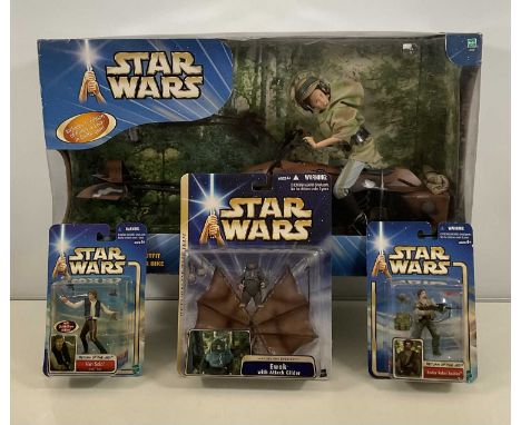 A group of STAR WARS: Return of the Jedi figures by Hasbro to include Han Solo, Endor Rebel Soldier and Ewok with Attack Glid